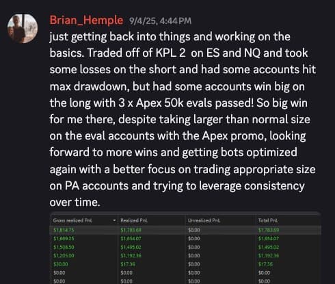 Member message: passed 3 Apex 50k evals trading KPL 2 on ES and NQ